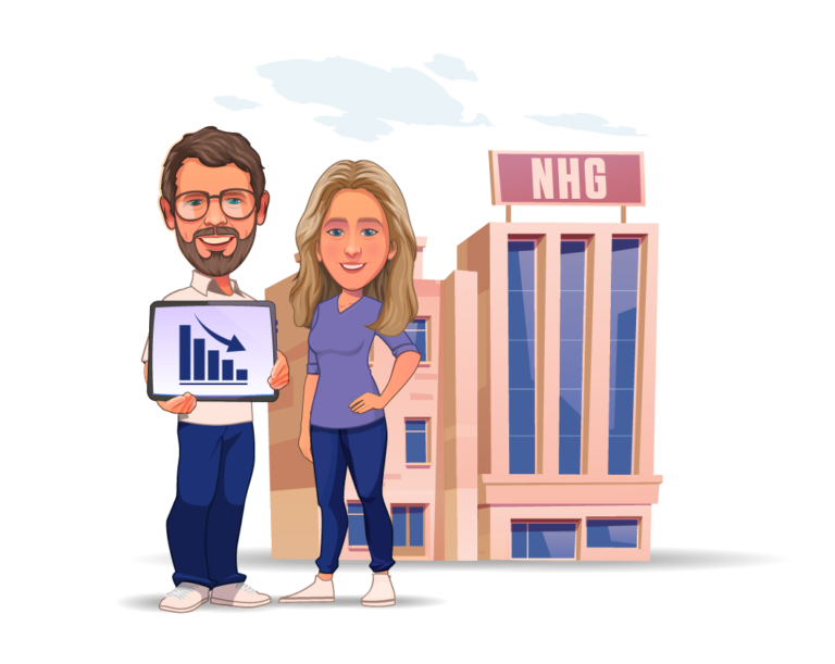 Een cartoonillustratie van een man en een vrouw die voor een Rocket Hypotheken-gebouw in Almere staan.