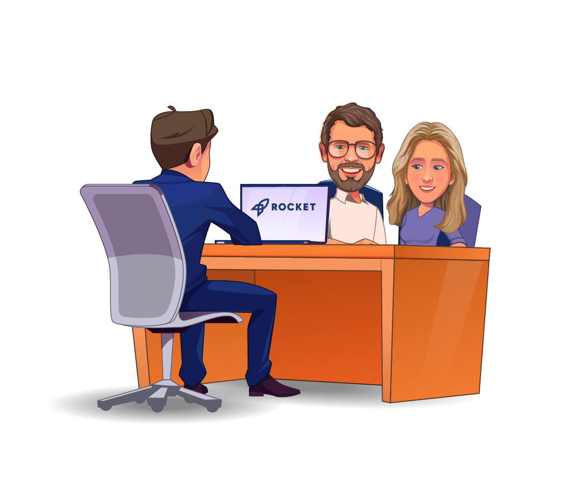 Een cartoonafbeelding van een man en een vrouw die aan een bureau in Almere zitten en de mogelijkheid bespreken om een huis te kopen in Lelystad.